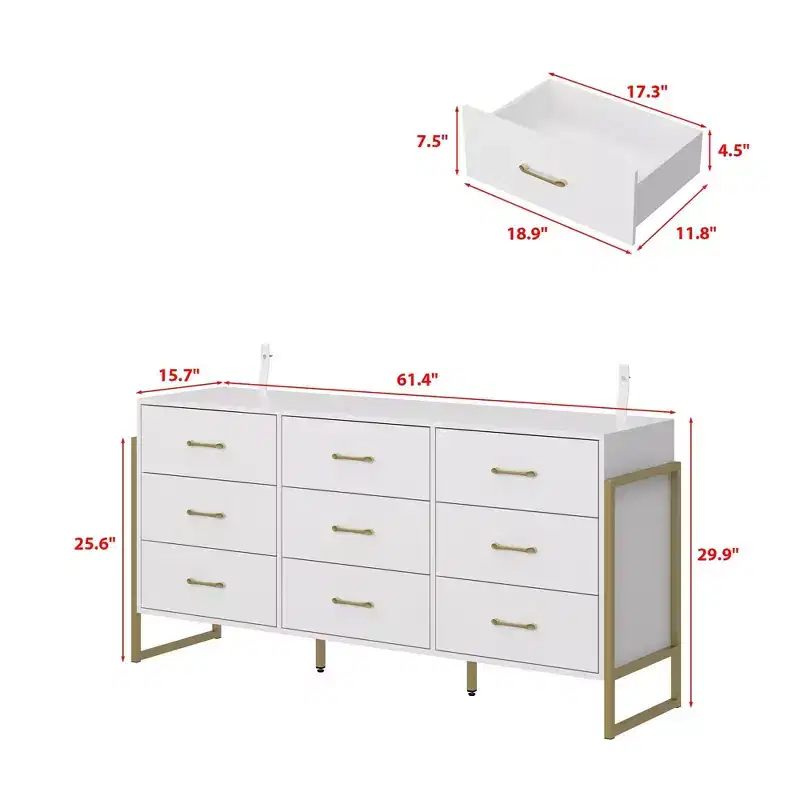 Hitow Modern Large 9 Drawer Dresser Metal Frame Design Chest of Drawers
