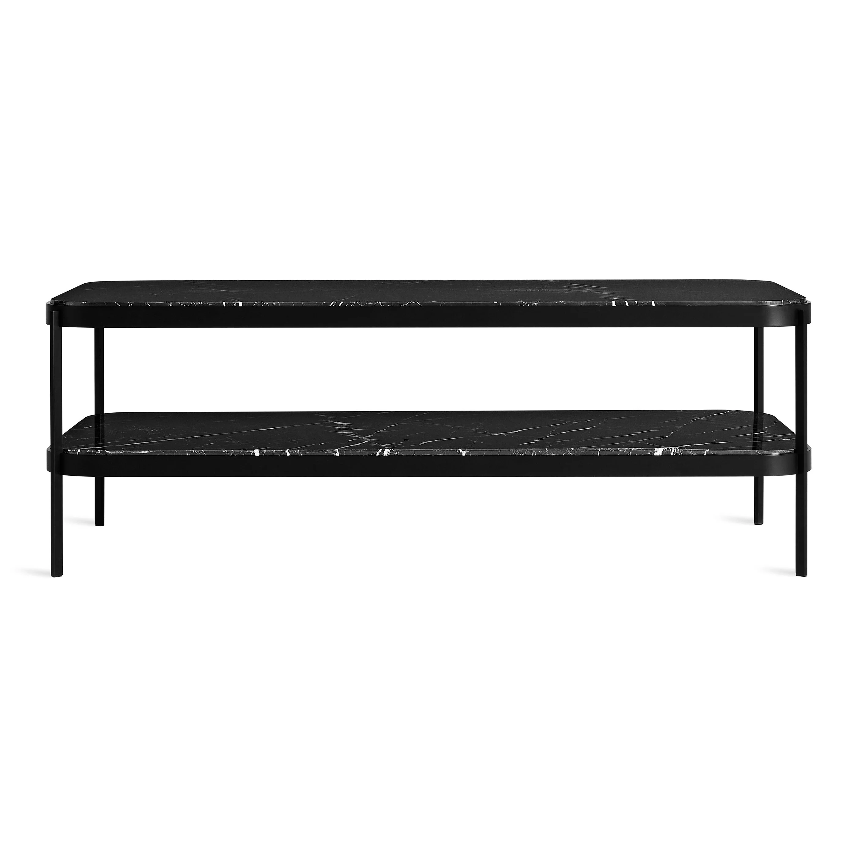 Modern Black Marble Steel Coffee Table with Two-Tier Shelf for Living Room