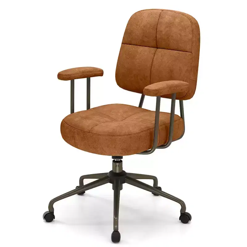 Costway Home Office Chair Leathaire Upholstered Task Chair with Cushioned Back & Armrests Brown/Beige