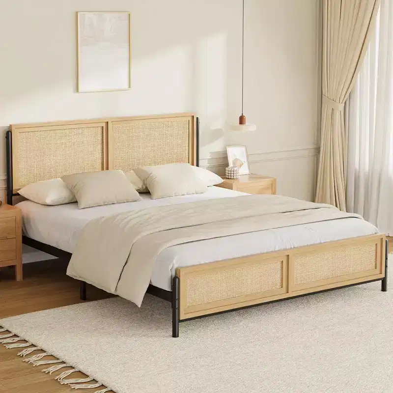 Coolmee Boho Full/Queen/King Size Bed Frame with Natural Rattan Headboard and Footboard, Wooden Platform Bed No Box Spring Needed, Noise-Free