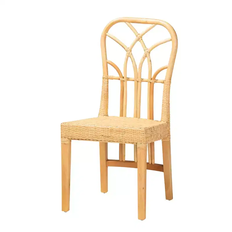 bali & pari Monaco Modern Bohemian Oak Brown Finished Mahogany Wood and Natural Rattan Dining Chair