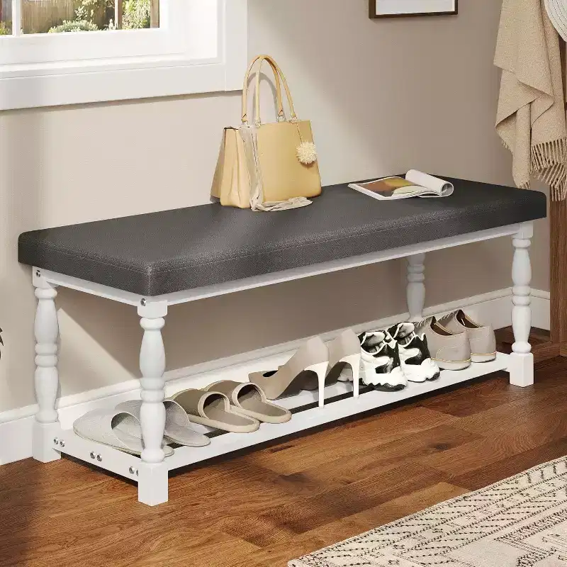 Entryway Shoe Bench with Cushioned Seat & Storage for 5-6 Pairs of Shoes Shoe Rack with Roman Style Legs