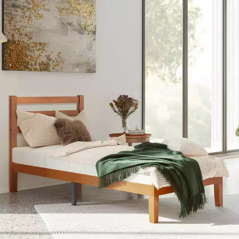 1100 LBS Heavy Duty Solid Wood Bed Frame Mattress Base with Headboard Wooden Slat Support No Box Spring Needed
