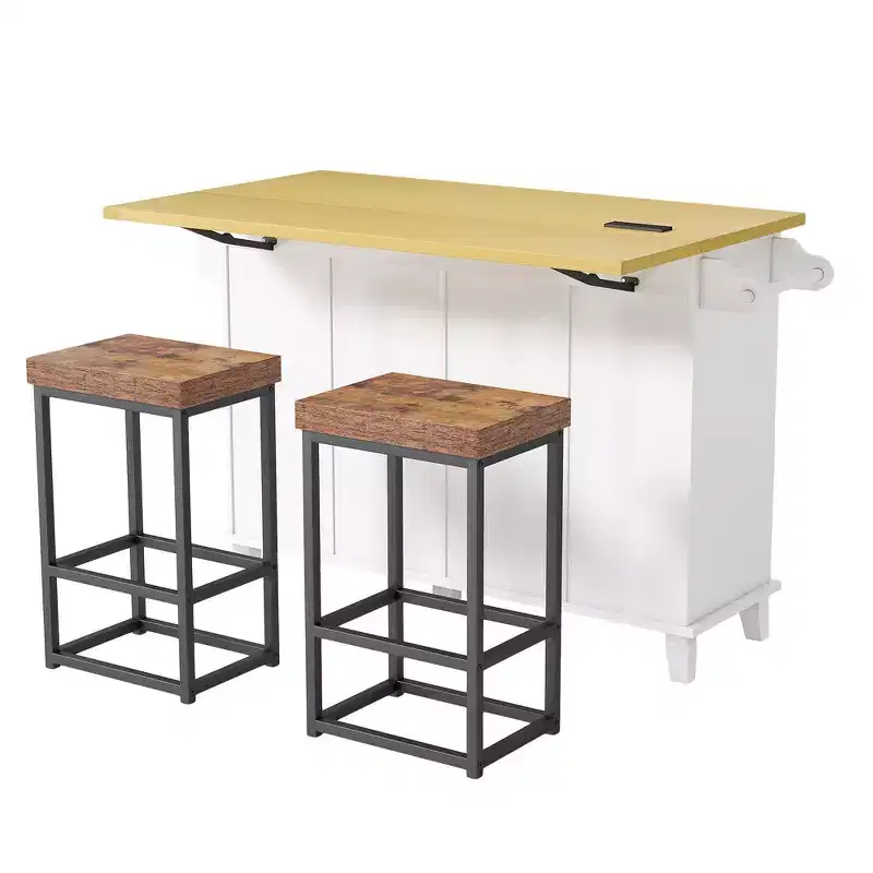 Farmhouse Kitchen Island with Drop Leaf, Drawers, Power Outlet and 2 Seats