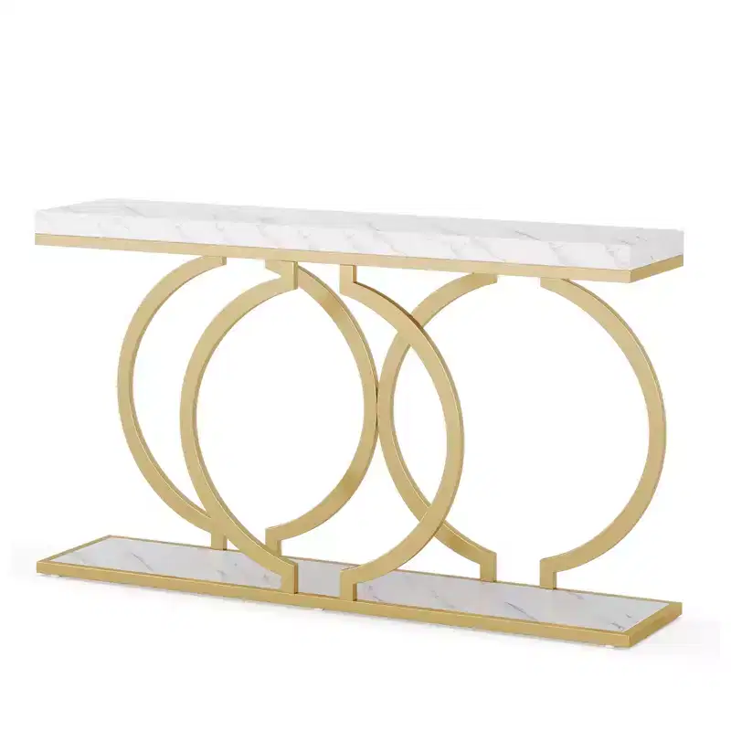 MAYEERTY 55.1 Gold Console Table, Faux Marble Veneer Geometric O-Shaped Base Entryway Table
