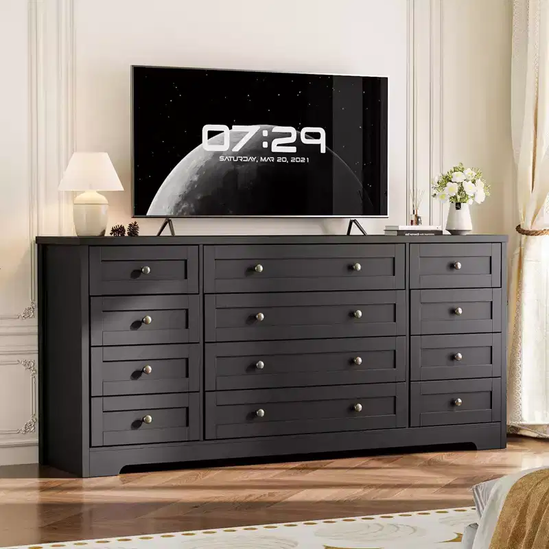 12 Drawer Dresser for Bedroom, Modern Wood Chest with Wide Top for 65 TV, Farmhouse Storage Cabinet for Living Room & Hallway