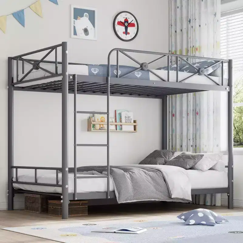 Metal Double-decker Bed, Steel Double-decker Bed with Safety Guardrail, Space-saving Design, Modern Bedroom or School