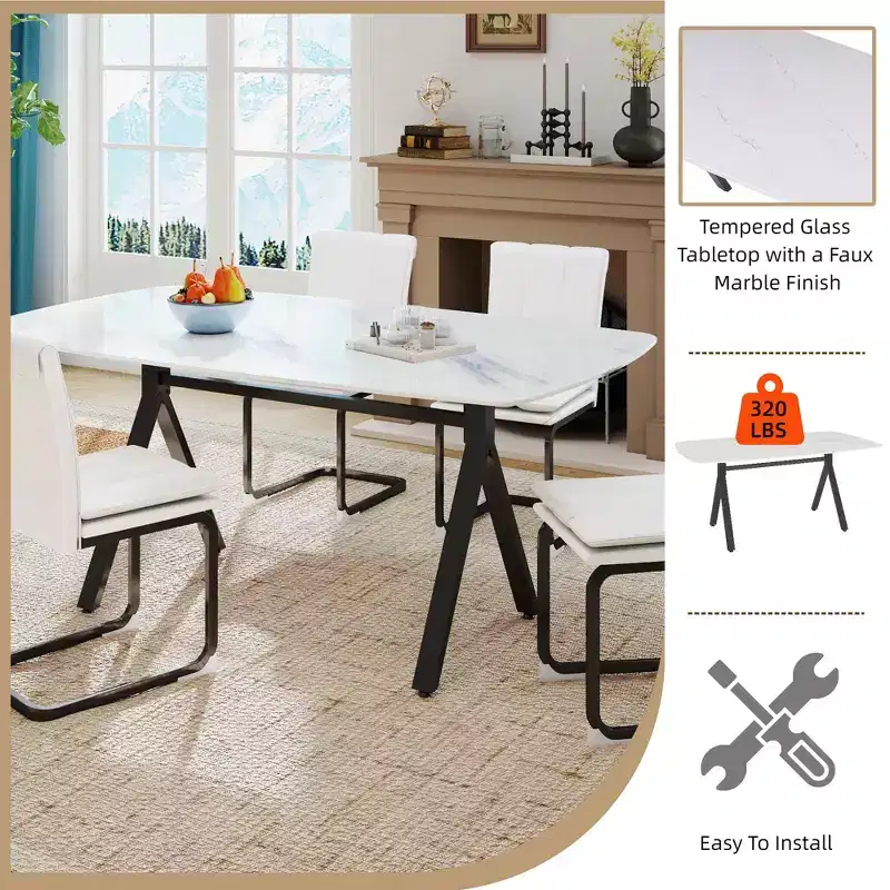 GDFStudio Daniela Modern Tempered Glass Rectangular Dining Table with Marble Design and Metal Legs