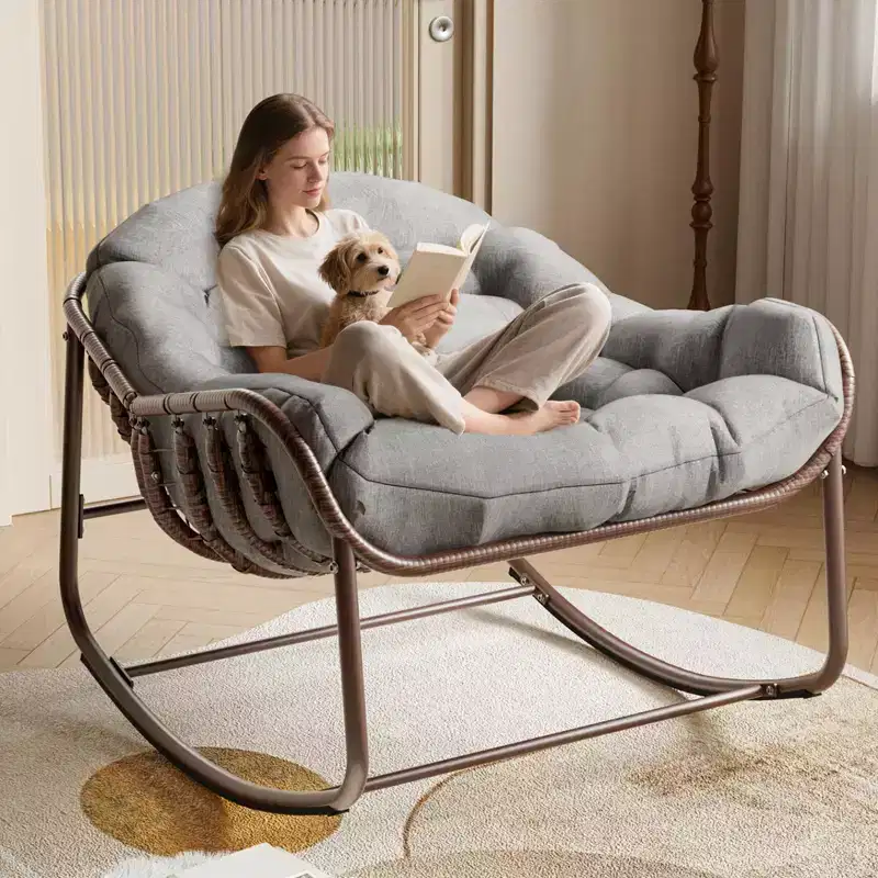 Outdoor Papasan Rocking Chair, Oversized Wicker Lounge Chair with Cushion and Metal Frame, Patio Rattan Egg Rocker for Balcony Backyard Porch Bedroom