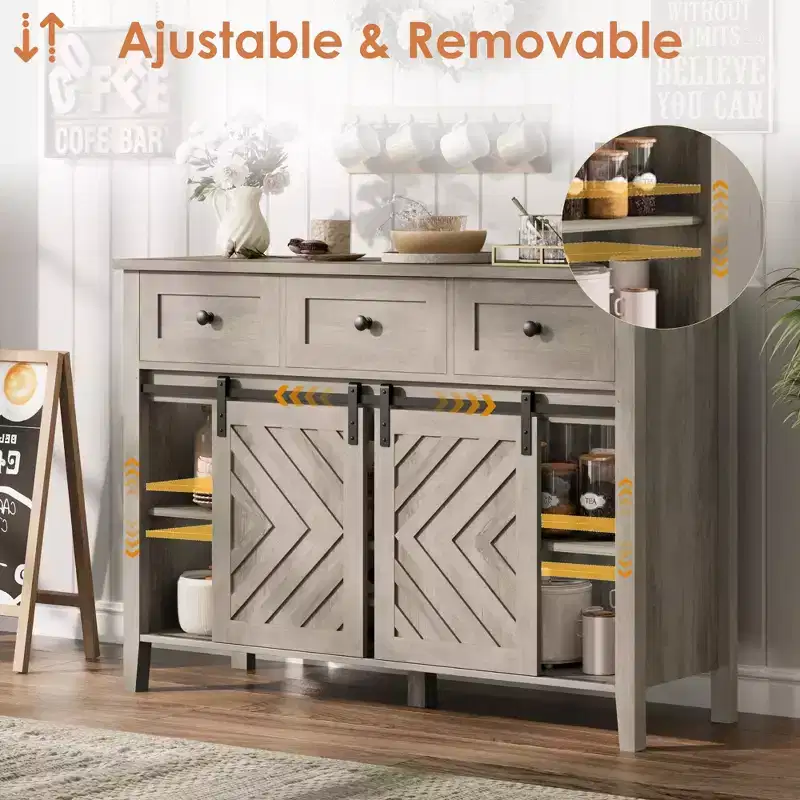 Farmhouse Buffet Cabinet with Sliding Barn Door, Rustic Sideboard with 3 Drawer, Removable Wine Rack, Farmhouse Sideboard with Adjustable Shelf