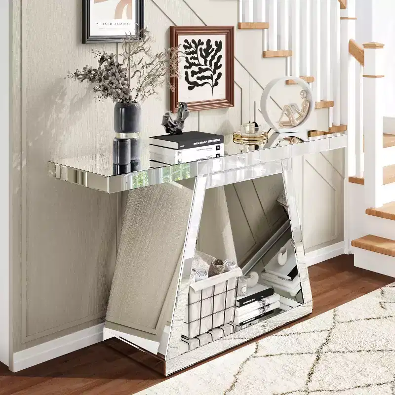 55.9 Modern Mirrored Console Table, Full-Body Reflective Entryway Table with Trapezoid Base, for Hallway or Living Room - Panipeachy
