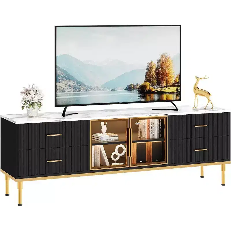 65 Inch TV Stand with LED Lights, Modern Console Table with 4 Drawers, Shelves & Glass Doors for 55-75 Inch TVs