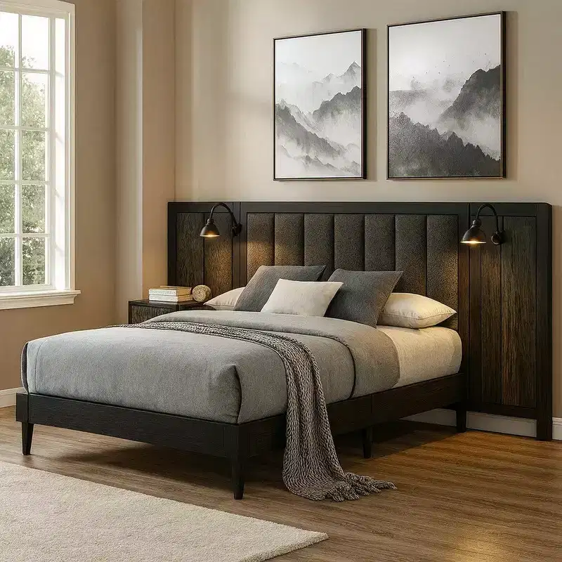 Queen Size Bed, Dark Brown Wood Frame, Upholstered Headboard