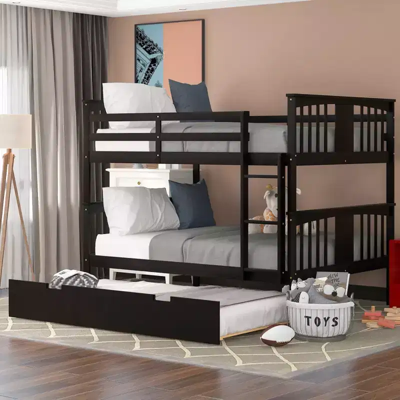 Full over Full Bunk Bed with Twin Trundle, Full Size Wood Bunk Bed Frame for Kids Teens Adults, Can be Convertible to 2 Beds