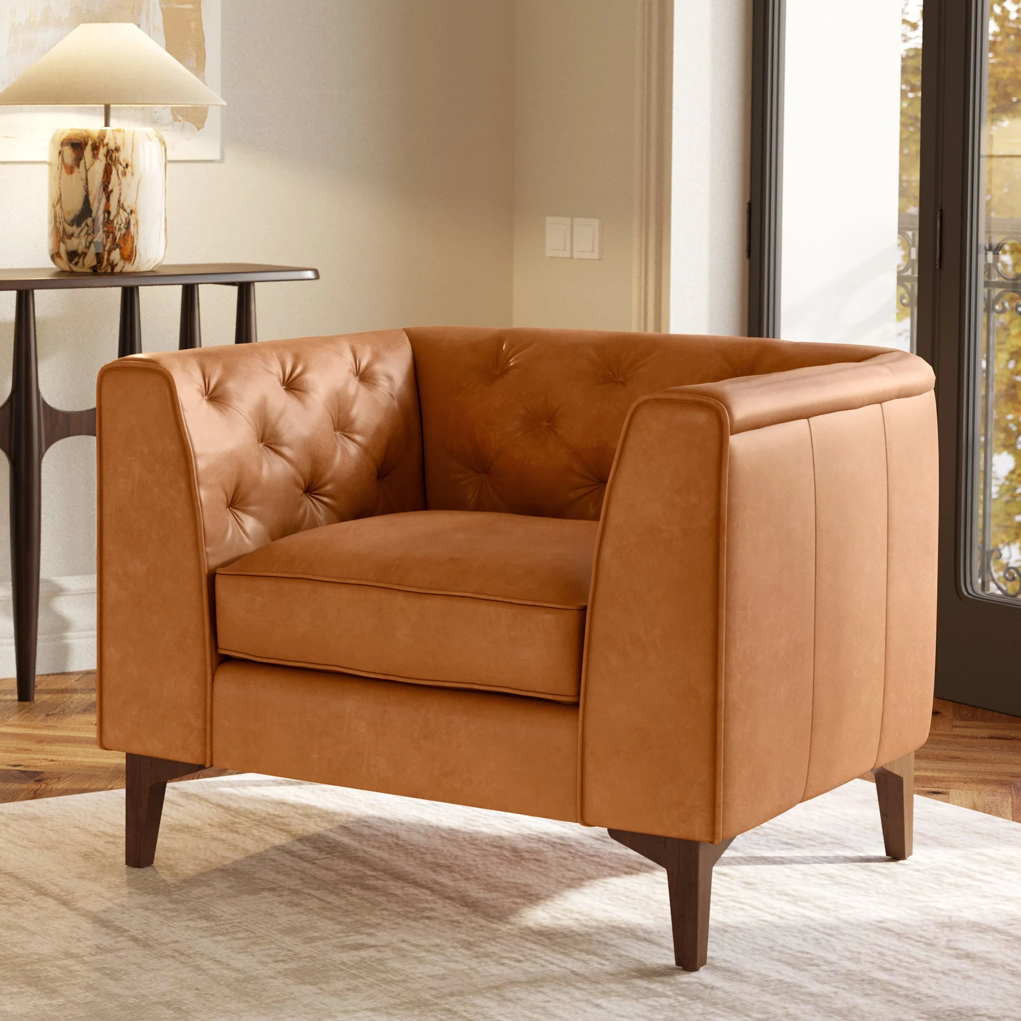Modern Cognac Tan Leather Lounge Chair with Tufted Back