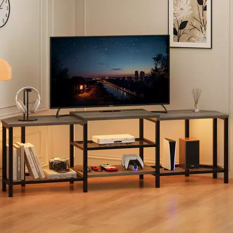 TV cabinet with four open shelving units, corner entertainment centre with power sockets, media cabinet with LED lighting for the living room