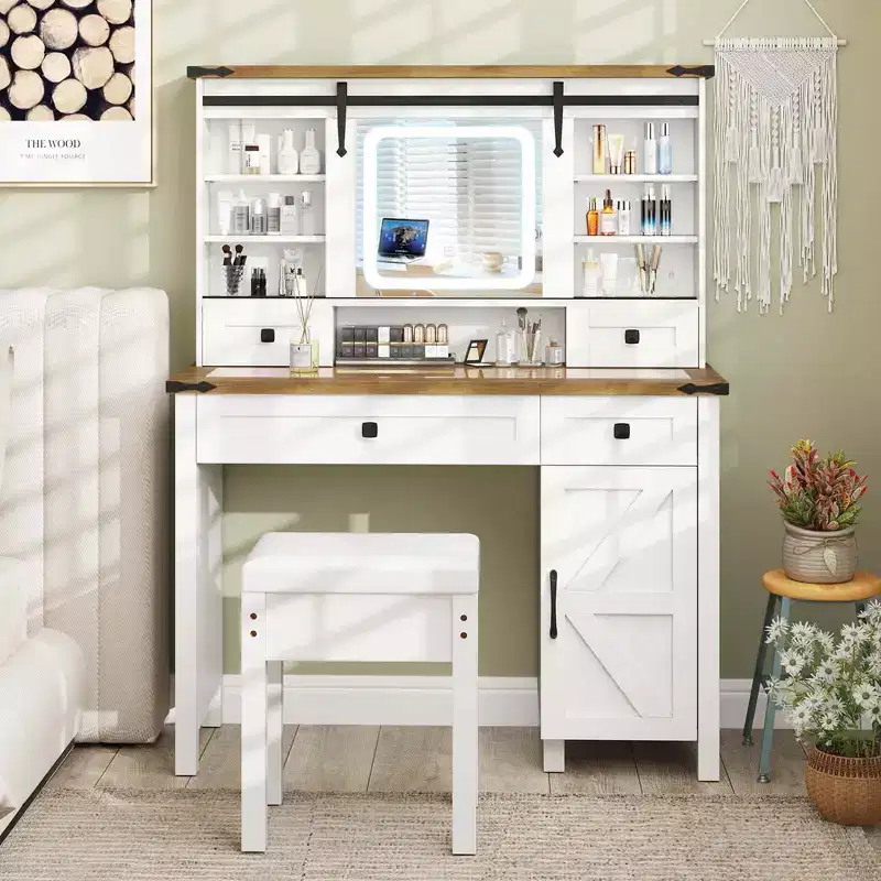 Farmhouse Vanity Desk with Sliding Mirror Makeup Vanity Table with 3 Lighting Modes
