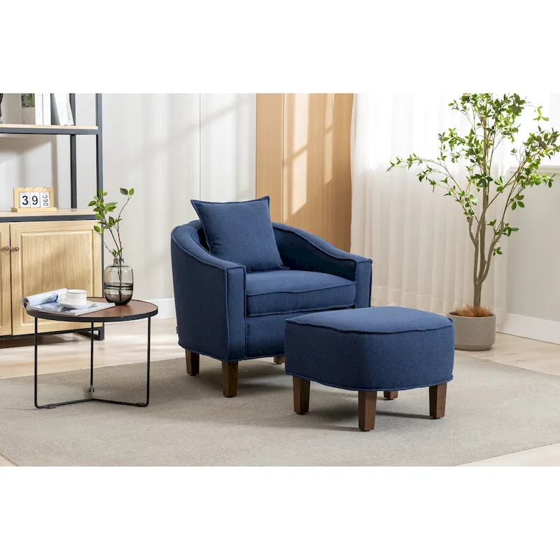 Mid-Century Upholstered Barrel Accent Round Arm Chair with Ottoman