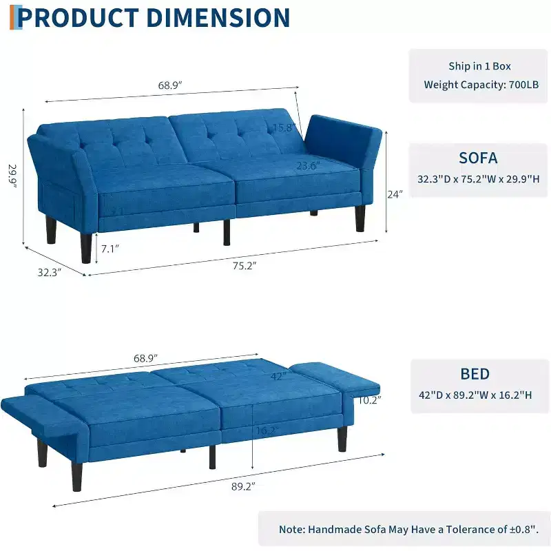 Convertible Sleeper Sofa with Adjustable Backrest and Armrests – Chenille Loveseat Futon