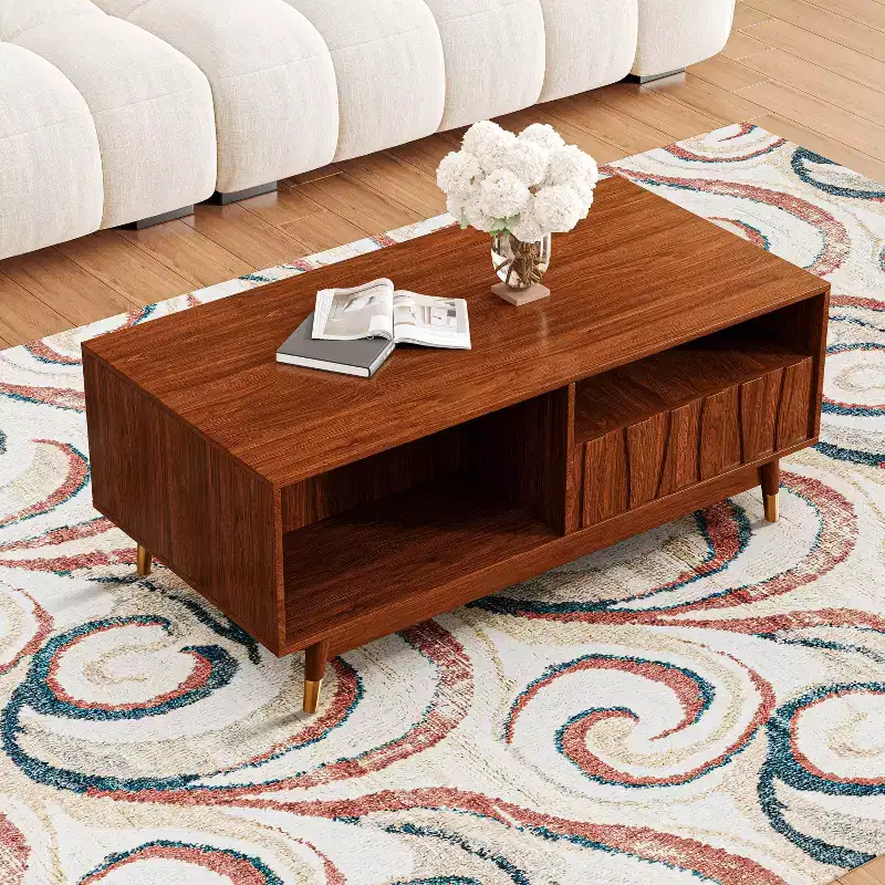 ATJafurn 47.2'' Walnut Coffee Table with Storage and Open Shelf, Mid-century Modern Wood Coffee Table with Gold Metal Detail, For Living Room