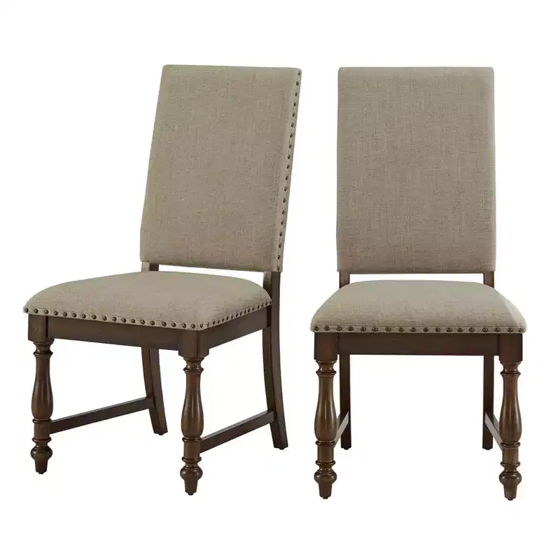 Traditional Upholstered Dining Chairs Set of 2, Nailhead Trim, Beige Fabric, 250 lb