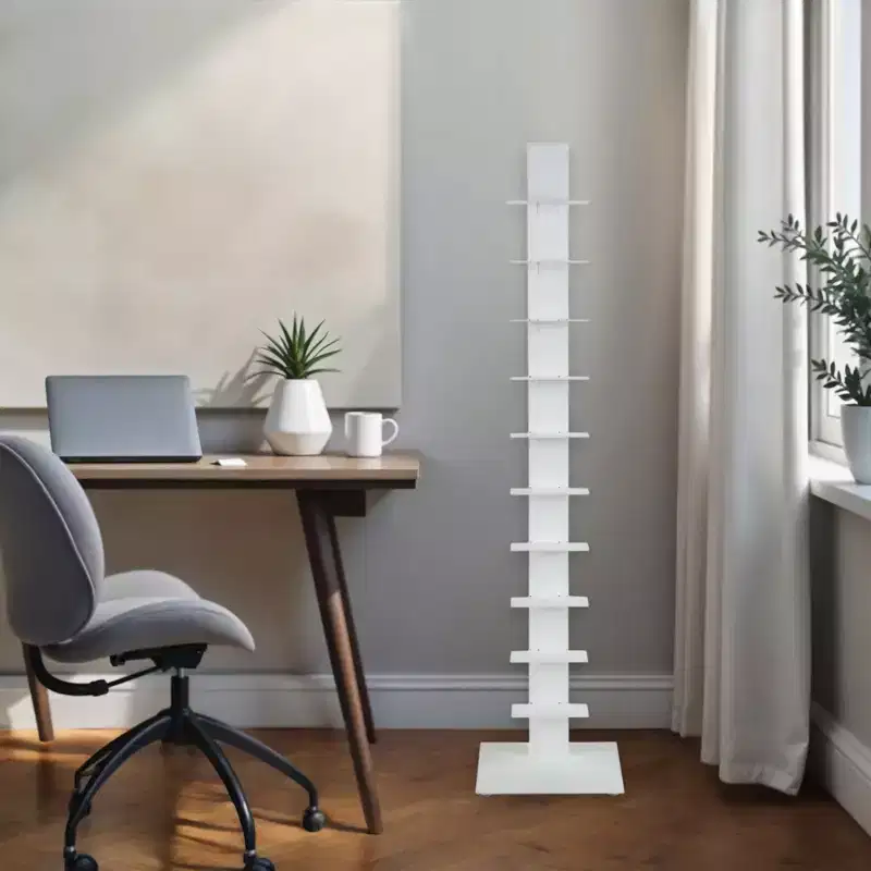 60 White Metal Ten Shelf Modern Tower Bookcase