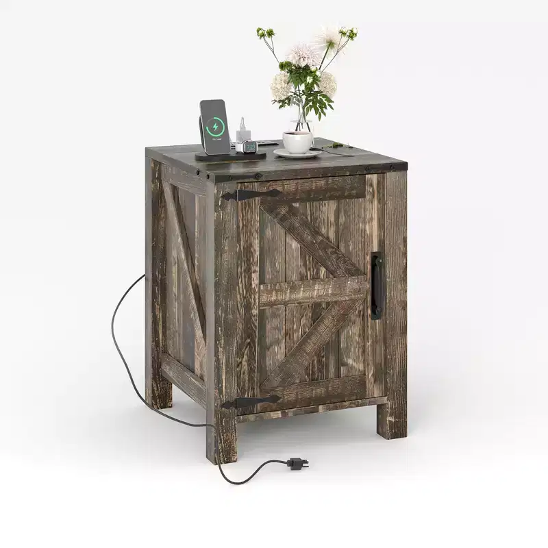 2Pcs Farmhouse Nightstand with Charging Station, Rustic Barn Door Bedside Table with Adjustable Shelf, Small End Table for Bedroom and Living Room