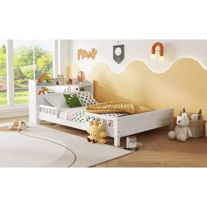 MAYEERTY Full Pine Wood Bed with Bookcase Headboard, Safety Guardrails White