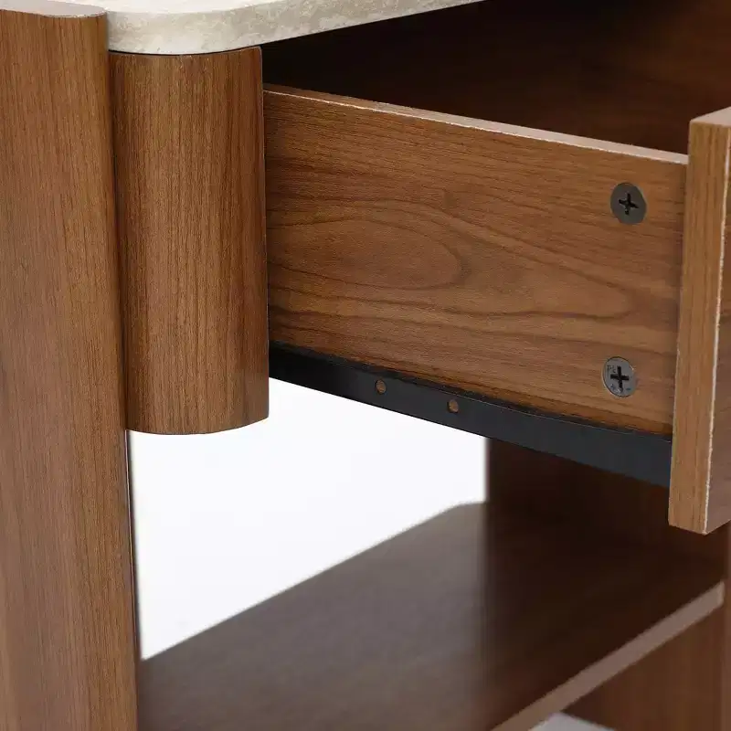 LuxenHome Faux Travertine Nightstand with Drawer and Open Shelf, MDF Wood Accent Side Table Brown