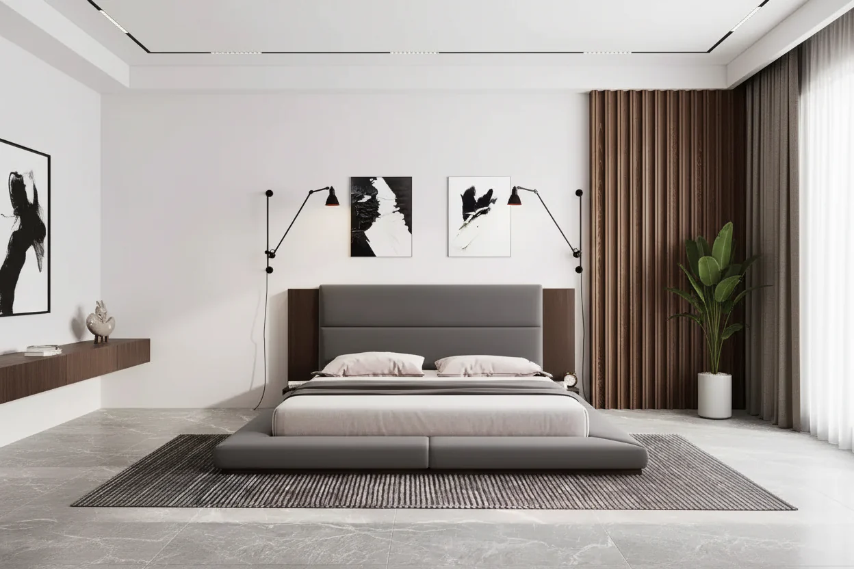 Floor Upholstered Platform Bed with Extended Wood Headboard and Built-In Bedside Shelves