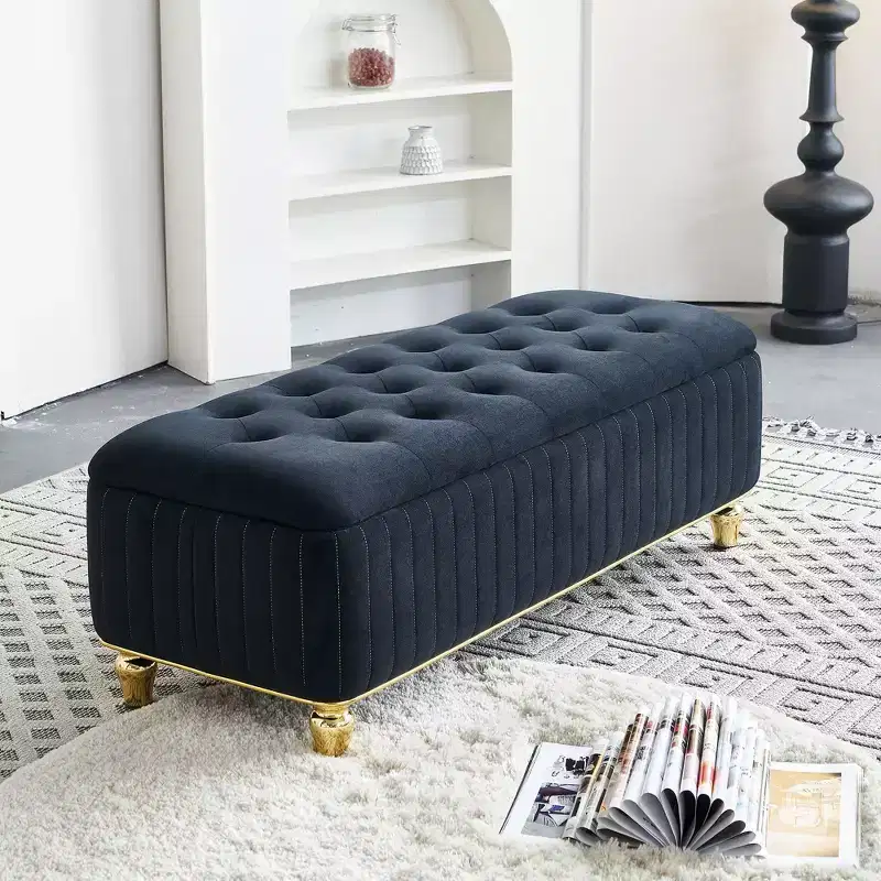Storage Ottoman, Upholstered Velvet Fabric Storage Ottoman with Safety Hinge, Ottoman Bench for Living Room and Bedroom