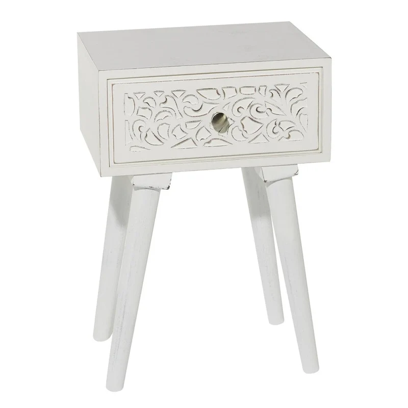 Mango Wood Scroll Intricately Carved Single Drawer Side End Accent Table - White -