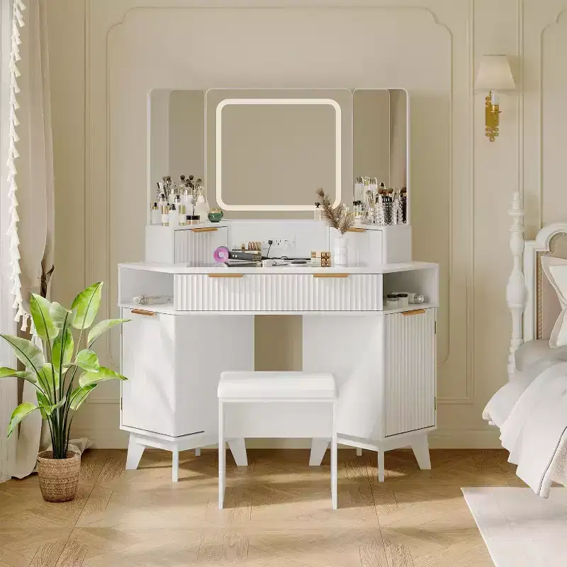 Corner Makeup Vanity Desk, Modern Vanity Desk with HD Triple Mirror, Corner Vanitys with Clear Glass Top, Fluted Makeup VanityDesk