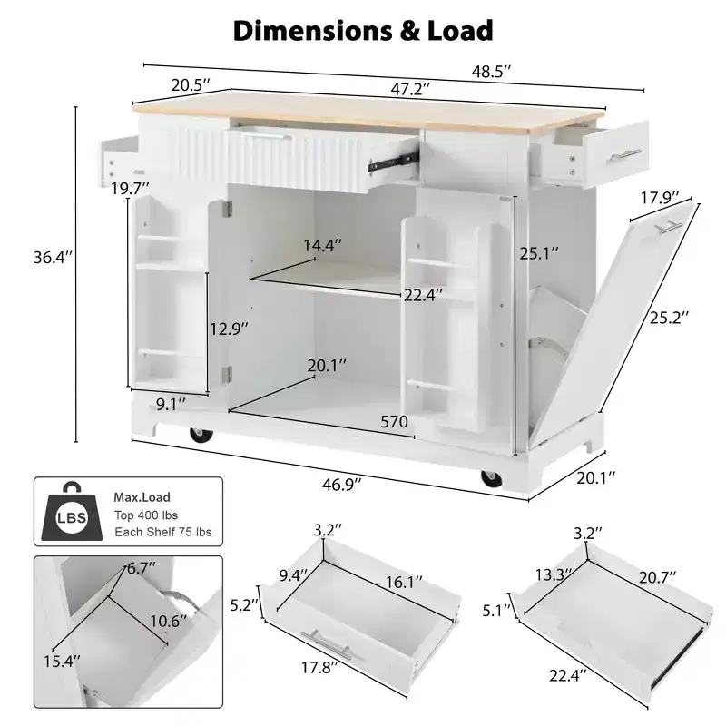 Whisen Classic Style Kitchen Islands on 5 Wheels with 3 Drawer and 3 Open Side Racks