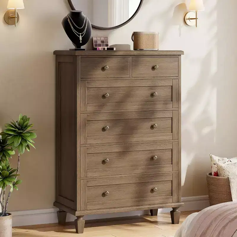 Wood 6-Drawer Dresser with Tapered Legs — Distressed Finish