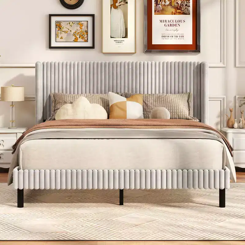 Queen Size Velvet Platform Bed with Wingback Headboard, No Box Spring Needed