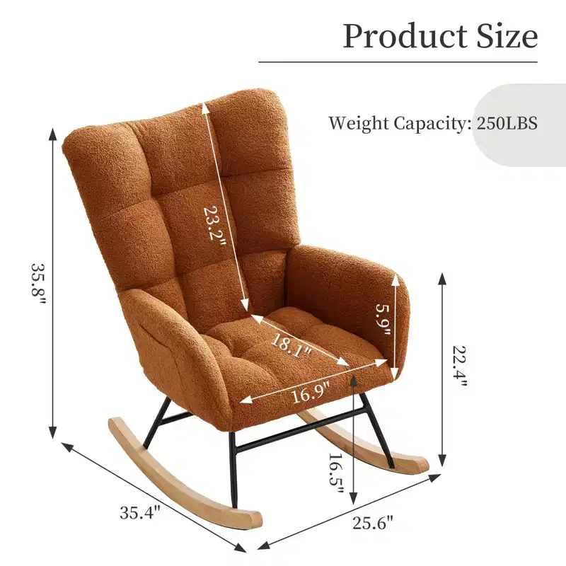 Rocking Chair Nursery, Teddy Upholstered Glider Chair with High Backrest, Armrest and Side Pockets, for Bedroom, Living Room