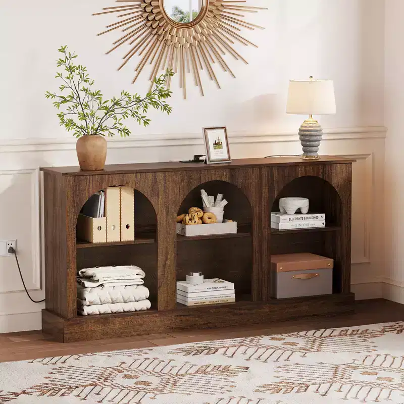63 In Modern Arched TV Stand with Power Outlets USB Ports 3-Tier Rustic Brown Media Console Charging Station for Entryway Living Room TV Up to 70 In