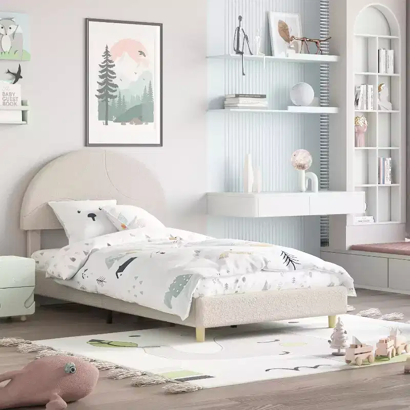 Kids Bed Frame with Upholstered Headboard,Arch-Shaped Design,Cute Princess Platform Bed for Girls/Boys, Wood Slats Support