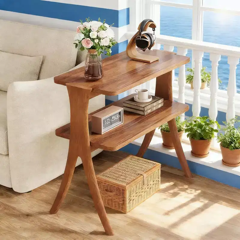 2-Tier Narrow Wood Side Table, Herringbone Legs, Walnut Finish, 26H x 25W x 12D