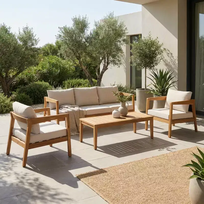 Christopher Knight Home Phachara Modern 4 Piece Acacia Wood Patio Seating Set with Cushions and Slatted Table