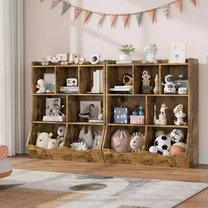 Brown/Gray/White 7-Cubby Kids Wood Bookcase with Drawers, 2-Set