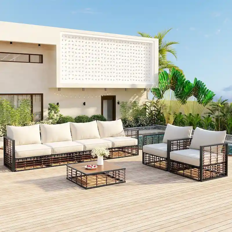 Modern Minimalist 7-Piece Metal Patio Sectional Sofa Set,Deep Seating, Gray