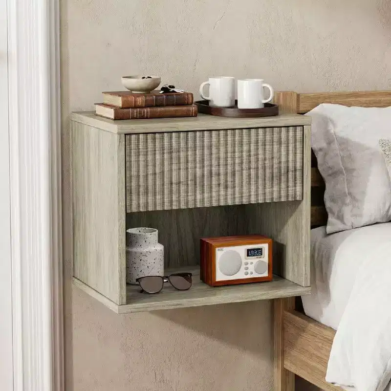 Gray Floating Nightstand with Drawer & Shelf – Set of 2