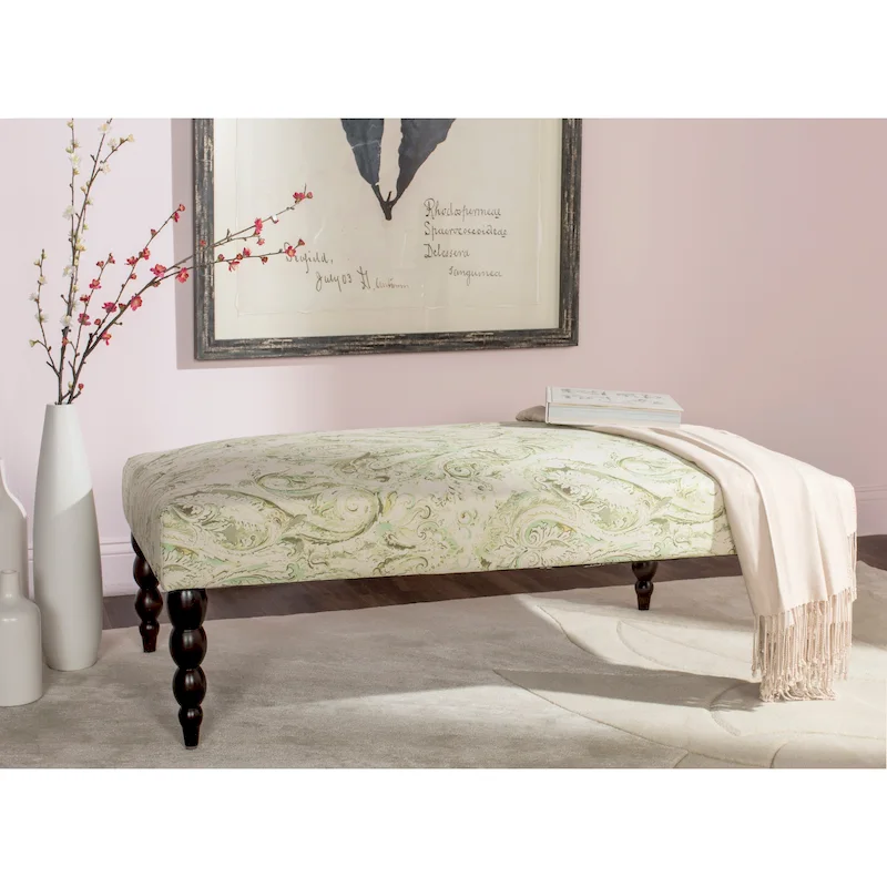 Green Paisley Printed Upholstered Bench - 47W x 26D x 16H
