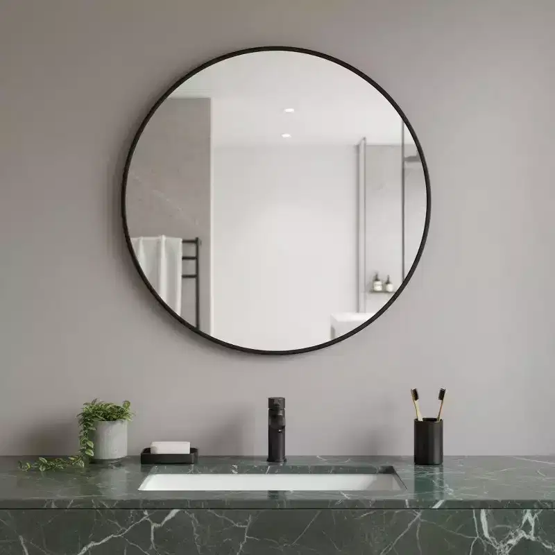 HomeRoots 30 Black Metal Round Framed Bathroom Vanity Mirror