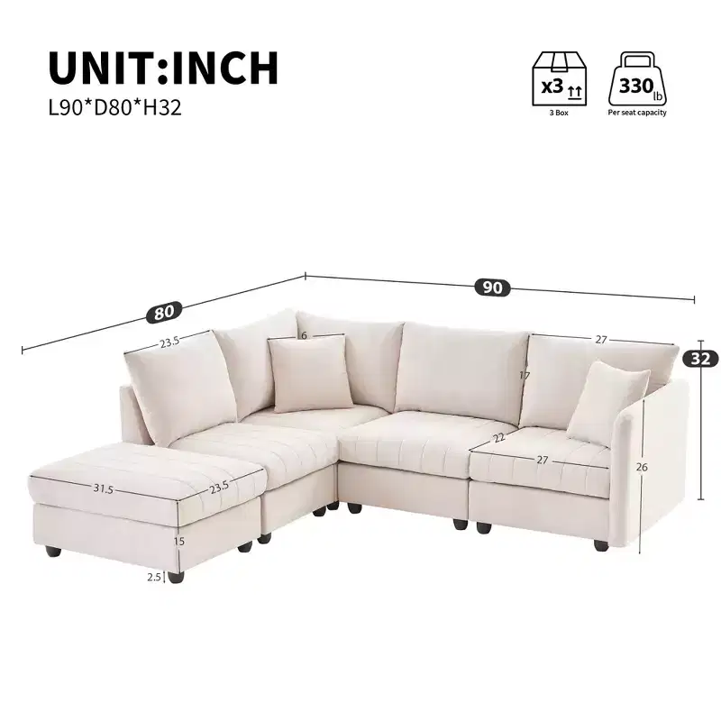 89'' L-Shaped Modular Sectional Sofa with Ottoman, Vertical Stripe Cushions, 5-Seat Comfy Couch for Living Room or Apartment