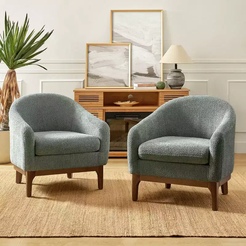 Boucle Barrel Armchair Set of 2 Solid Wood Legs High-Density Foam Dual-Sided Cushion