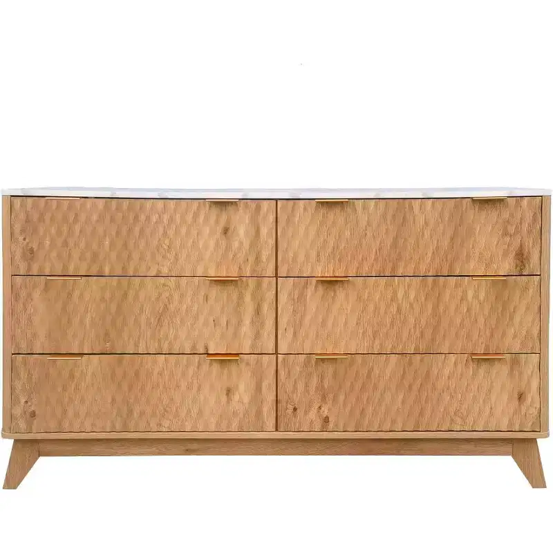 Fluted Dresser with 6 Drawers, Faux Marble Top Drawer Storage Cabinet, Modern Solid Wood TV Stand, Living Room, Hallway, Entrance