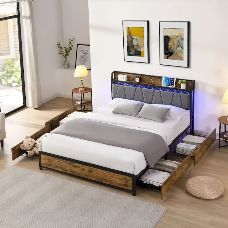 Storage Headboard with Charging Station and 4 Storage Drawers